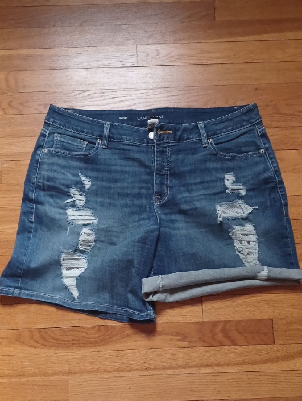 Lane Bryant Distressed Dark Blue Roll-Cuff Denim Shorts